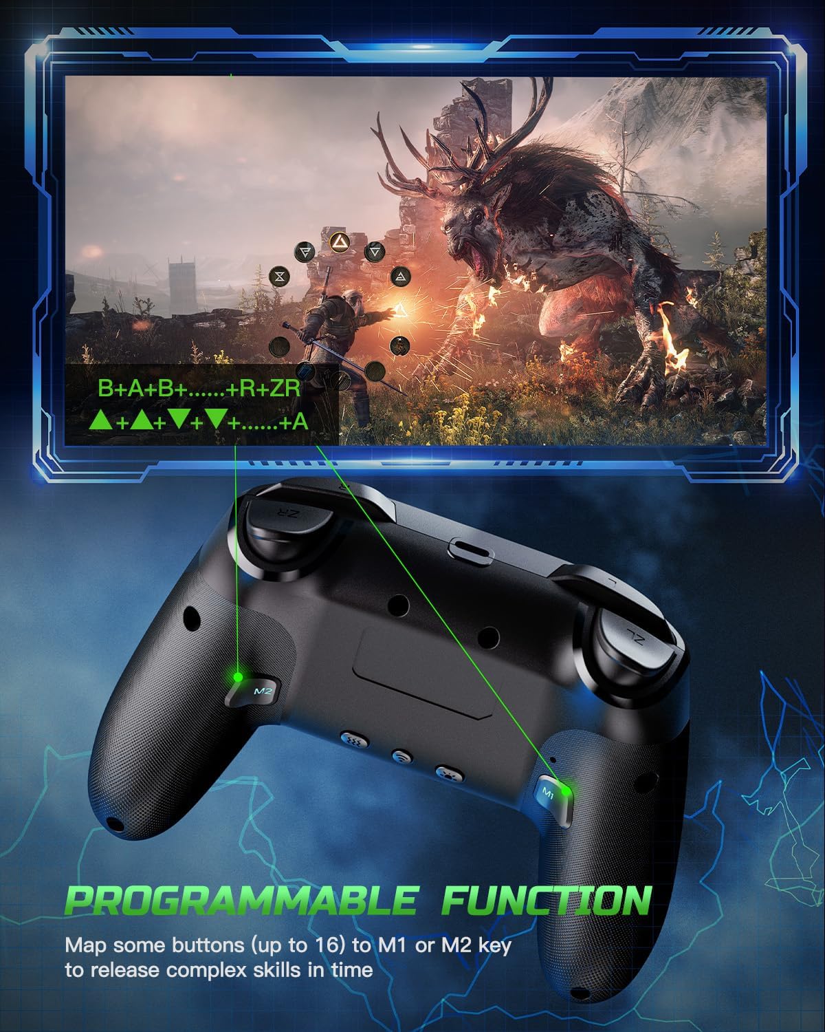 Controllers Compatible with Switch/Lite/OLED/PC Windows, 1000mAh Programmable RGB Lightning LED, Wireless Pro Controller with One Key Pairing/Wake Up/Turbo/Vibration