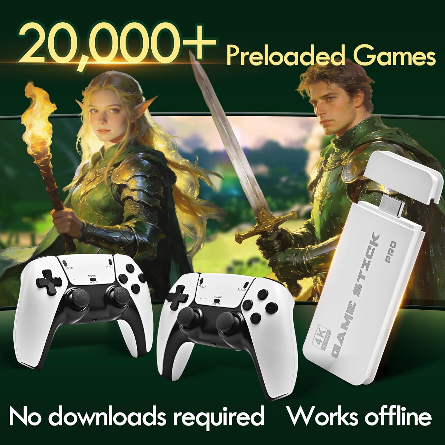 2026 Game Stick 4k 20,000 Games, Retro Gaming Console with Built-in 23 Emulators, HDMI Output, 64G TF Card, 2 Wireless Controllers, Plug and Play